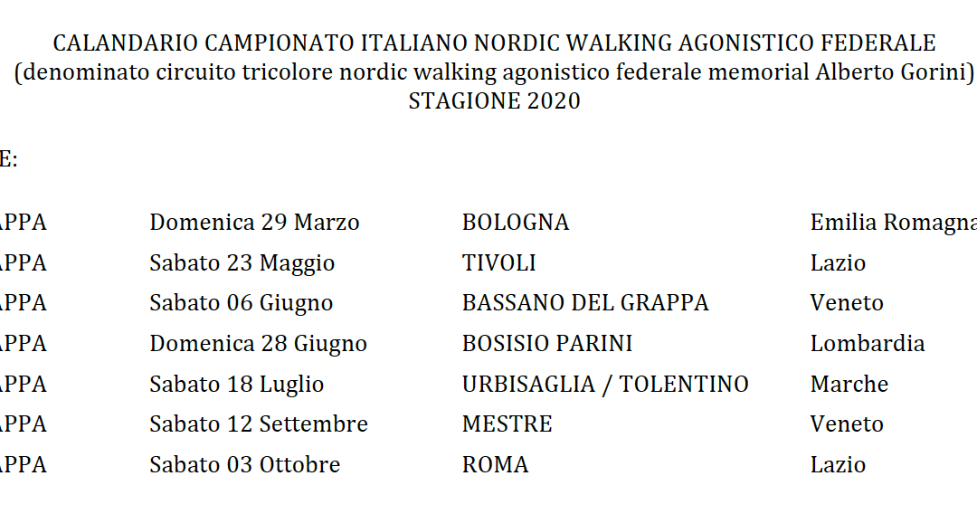Approvato il nuovo calendario del Circuito Tricolore Nordic Walking Agonistico 2020