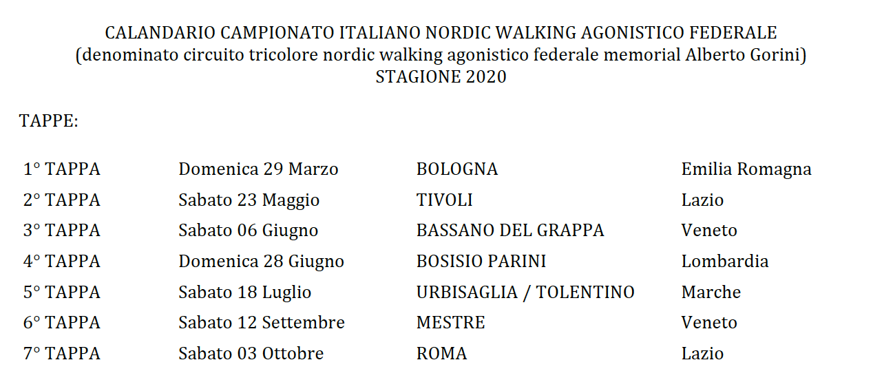 Approvato il nuovo calendario del Circuito Tricolore Nordic Walking Agonistico 2020